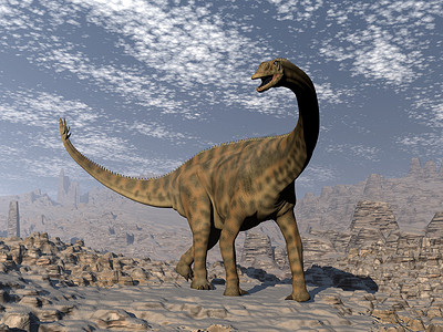 Spinophorosaurus 恐龙行走在沙漠-3d 渲染