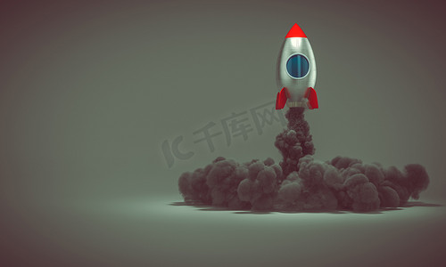 太空火箭带着大量的烟雾起飞。3D渲染.
