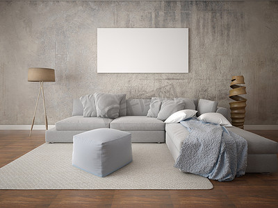 一个角落摄影照片_模拟一个宽敞的客厅与一个大的角落沙发和时髦的时髦背景.