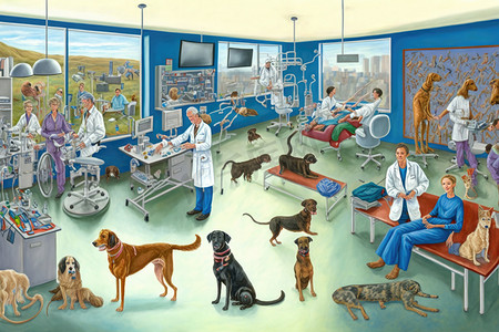 狗和猫摄影照片_兽医办公室的一幅画，画中的狗和猫都在里面，还有一位医生在画中的背景极其精细，油画是一幅细致的画，是一幅天真的艺术