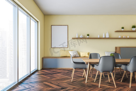Yellow panoramic dining room with poster