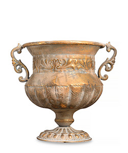 花瓶古董摄影照片_古董青铜花瓶，带有划痕和破旧，被白色背景隔离。家居装饰