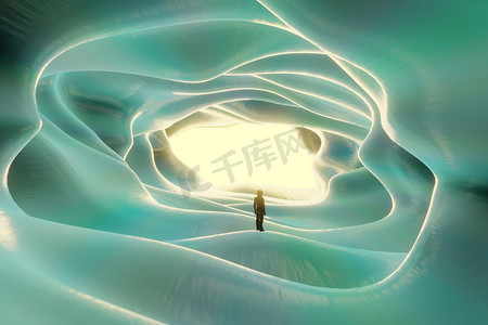 一个宇航员站在一个外星星球表面的洞穴里。在梦幻般的风景背景下剪影。3d 渲染.