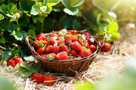 你自己摄影照片_果树田里的果树.新鲜成熟的有机草莓，在草莓床旁边的白色篮子里采摘你自己的浆果.