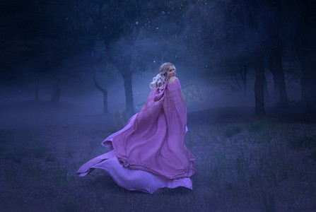 gorgeous young elf princess with blond hair that flees in a forest full of white mist, dressed in a long, expensive, flying and fluttering purple dress, a photo of a beautiful woman in the moonlight.