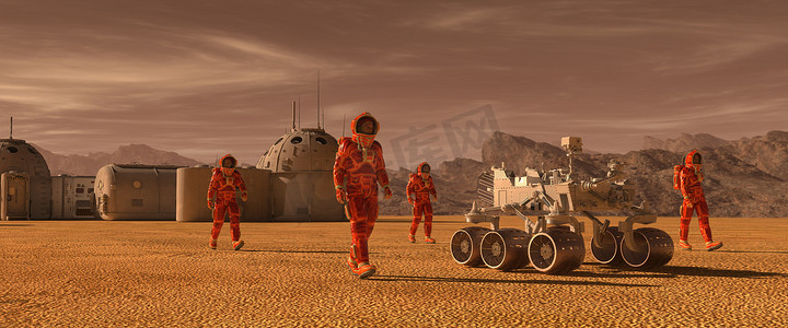 火星的殖民地。探险队在外星球上。火星上的生活。3d 图.