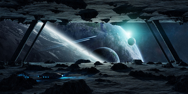 飞船驶过摄影照片_宇航员探索小行星宇宙飞船3d 渲染元素