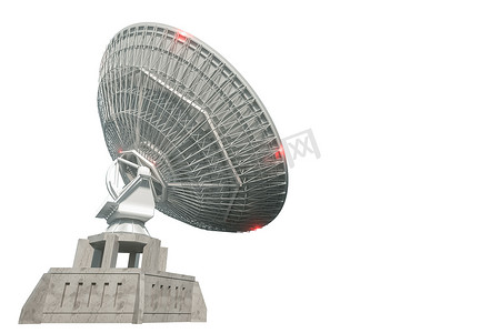 白色射电望远镜，白色背景下的大型卫星天线。技术概念，探索外星生命，窃听太空。3D渲染、 3D可视化、 3D插图