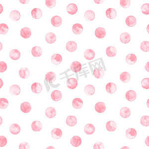 无缝粉红色波尔卡圆点图案隔离在白色上。水彩插图.