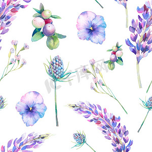 水彩画图案无缝，紫罗兰花，野生浆果和香草。 手绘重复的背景。 花园风格质感