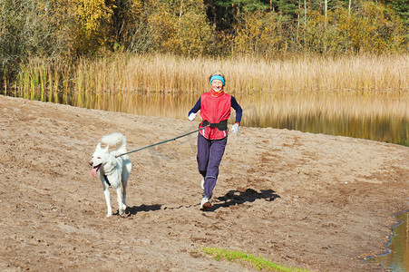 狗跑摄影照片_带狗跑的河流沿岸的体育女人