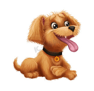 卡通狗摄影照片_可爱小毛茸茸的小花狗卡通动物字符吉祥物躺着吐舌