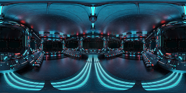 360度摄影照片_HDRI全景的深蓝色宇宙飞船内部与窗户。未来航天器机房三维绘制高分辨率360度全景反射绘图