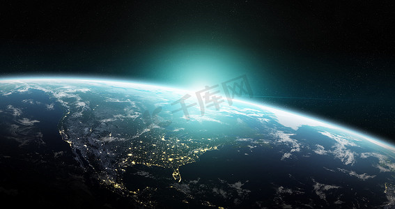 在空间的蓝色行星地球的看法与她的大气美国大陆3d 渲染这个图像的元素由 Nasa 提供