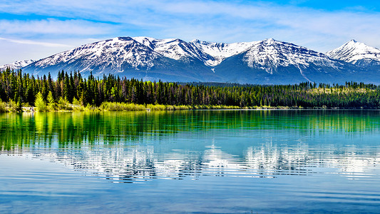 加拿大艾伯塔省贾斯珀国家公园的帕特里夏湖上，积雪覆盖着落基山脉的山峰