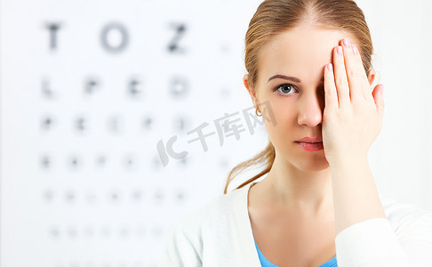 视力检查。在医生眼科医生配了眼镜的女人