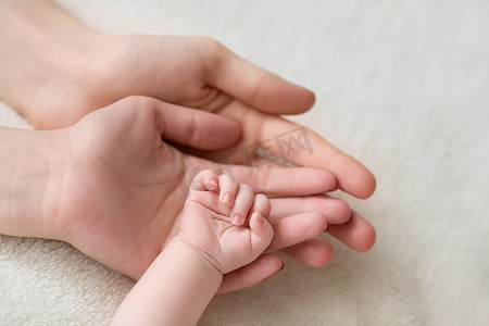初生婴儿摄影照片_在他们手中持有的父亲和母亲小初生婴儿的手