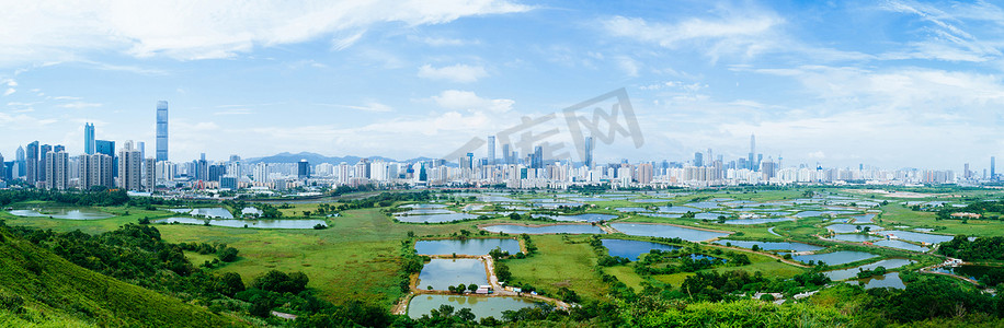 绿地摄影照片_香港与中国深圳天际线之间鱼塘的乡村绿地全景