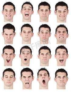brunette short hair young caucasian man collection set of face expression like happy, sad, angry, surprise, yawn isolated on white