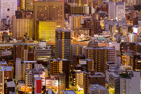 夜景鸟瞰大阪城市住宅城市商务中心, 日本