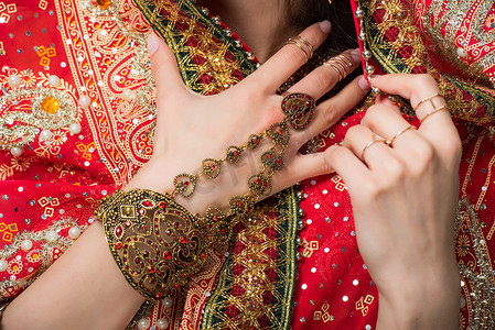 印度纱丽摄影照片_裁剪的妇女摆在传统的印度纱丽和配件的看法, 隔离在灰色 