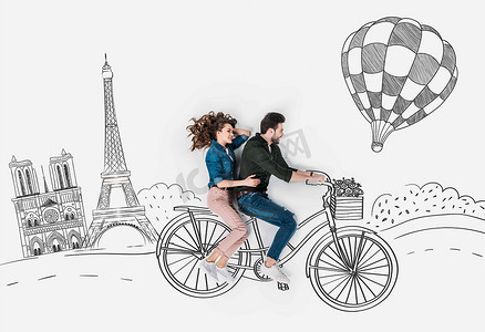 创造性的手画拼贴画与夫妇一起骑自行车在巴黎