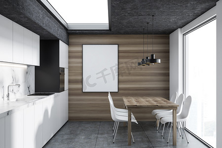 墙上的海报摄影照片_大理石厨房内饰与白色橱柜, 一个内置的烤箱, 一个木制的桌子和白色的椅子。木墙上的海报。3d 渲染模拟