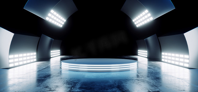 科幻现代未来派蓝色振动颜色与空圆舞台大厅发光与大白光工作室在凸起反射混凝土暗屋3d 渲染插图