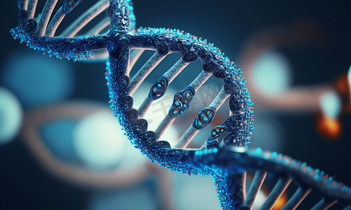 人类DNA在遥远的将来进化的概念。在显微镜下观察.蓝色螺旋背景特写。代代艾