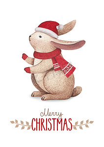 兔子的水彩插图。完美的圣诞贺卡