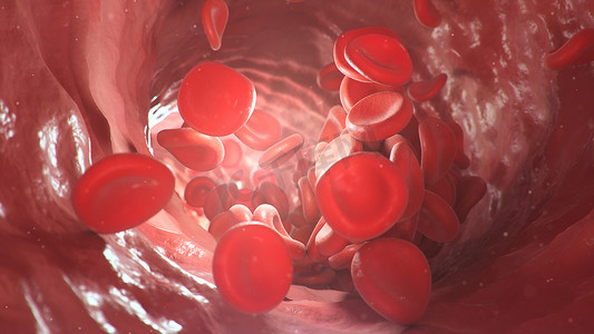 3D显示动脉、静脉内的红细胞。活体体内的血液流动。科学和医学微生物概念。富含氧气和重要营养物质