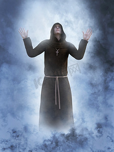 3d 渲染一个基督教僧侣崇拜他的手在空气包围的烟雾或云, 像是一个梦想或在天堂.