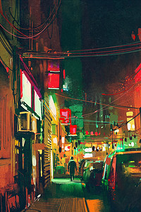 城市的夜晚出五彩缤纷的光芒在人行道上