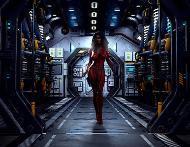 空间站码头红色紧身连衣裤中的科幻影子女人