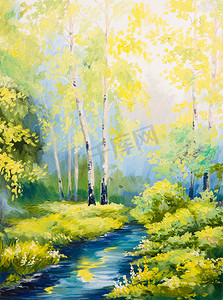 油画-春景，在森林中，彩色水彩河
