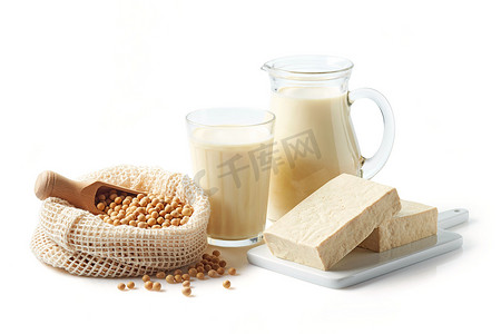豆腐摄影照片_大豆产品: 大豆、豆浆、豆腐和大豆块, 在白色背景上被隔离