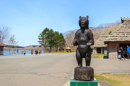 从白老爱奴民族阿伊努人博物馆的木头雕刻的熊雕像.