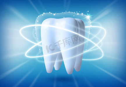 蓝色保健摄影照片_在蓝色背景上发光的牙齿模型。牙科保健