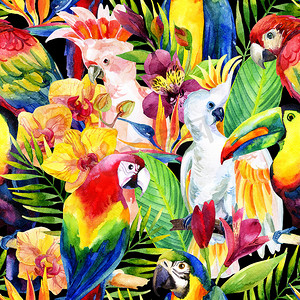 颜色摄影照片_水彩鹦鹉与热带花卉无缝模式