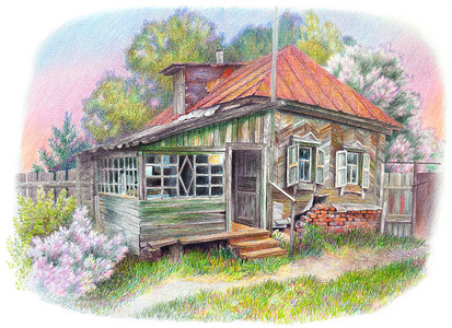 老奶奶房子的彩绘逼真的图画.山水背景下的村舍