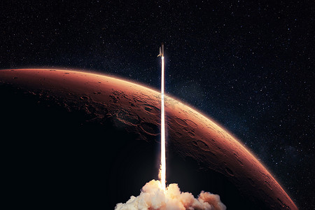 火箭发射到红星球火星。宇宙飞船与红色的行星和地平线火星一起起飞进入星罗棋布的深空。空间飞行任务蚂蚁旅行 