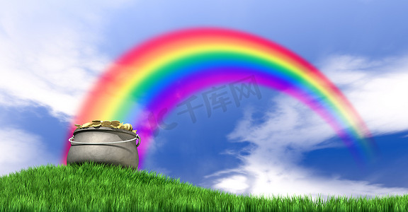 锅里的黄金和彩虹在布满小草的山丘上