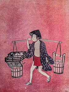 铃木春信。准备为茶仪式。传统的日本雕刻浮世绘