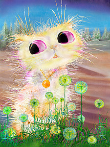 春天蒲公英粉红眼睛的可爱的姜猫
