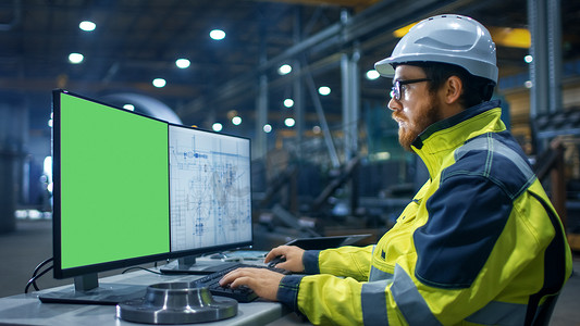 工厂其他摄影照片_在重工业工厂工业工程师工作的个人电脑与两个屏幕。一个是绿色模拟屏幕和其他与蓝图.