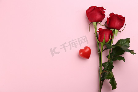 roses摄影照片_Beautiful red roses and decorative heart on pink background, flat lay with space for text. Valentine's Day celebration