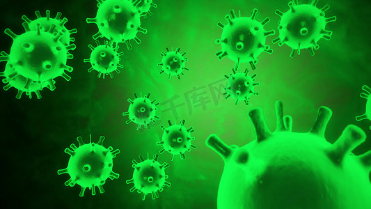 受感染生物体内的coronavirus 2019-nCoV病原体细胞的虚拟动画表示，显示为在黑色背景上移动的绿色球状微生物。摘要3D渲染4K视频.