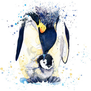 emperor penguin T-shirt graphics. emperor penguin illustration with splash watercolor textured background. unusual illustration watercolor penguin fashion print, poster for textiles, fashion design