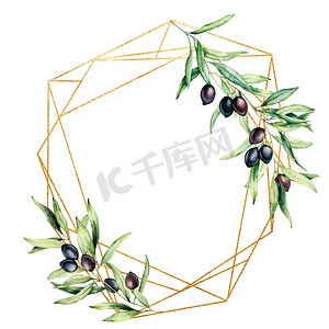 水彩多边形金色框架与橄榄树枝，黑橄榄和叶子。在白色背景上隔离的手绘花卉标签。植物插图。设计问候语模板.