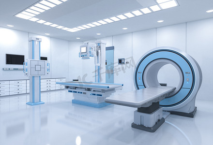 放射卫生防护摄影照片_医院放射科室，配备3D渲染mri扫描仪和X光机